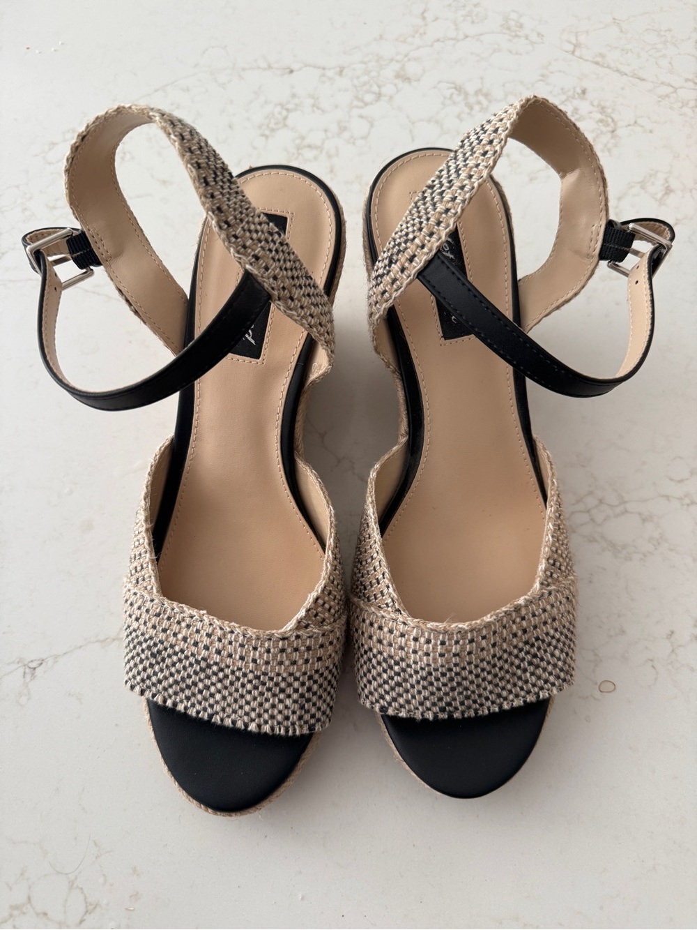 Neutral Woven Wedge Sandals with Black Ankle Straps